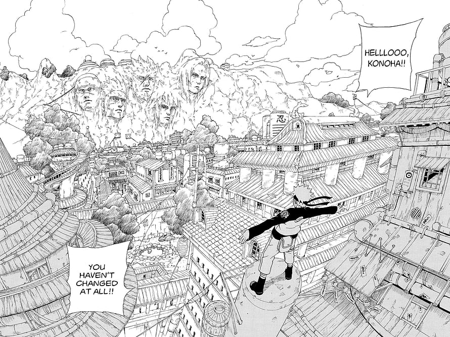 Naruto Uzumaki Returns to Konoha Village with Hokage Monument in Background HD wallpaper