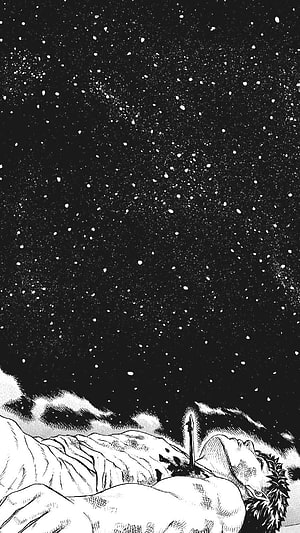 Black and white manga illustration of a warrior lying in snow under a starry night sky, berserk manga , #Berserk HD phone wallpaper