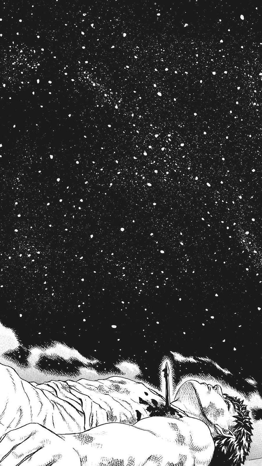 Black and white manga illustration of a warrior lying in snow under a starry night sky, berserk manga , #Berserk HD phone wallpaper
