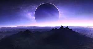 Mystical Alien Planet Landscape With Giant Purple Moon Over Dark Mountain Silhouettes HD wallpaper