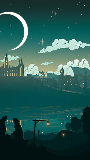 Magical Night Sky Over Fantasy Castle Landscape With Crescent Moon And Stars HD phone wallpaper