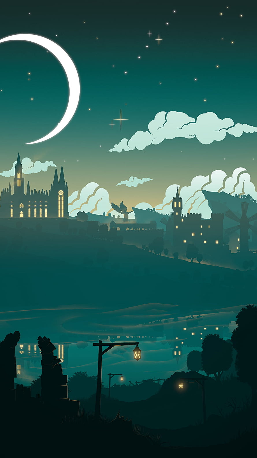 Magical Night Sky Over Fantasy Castle Landscape With Crescent Moon And Stars HD phone wallpaper