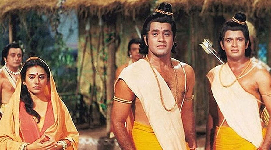 Classic Indian Mythological Drama Scene with Traditional Costumes and Village Setting HD wallpaper