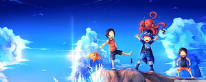 One Piece Anime Characters Celebrating on a Rocky Outcrop Under a Bright Blue Sky HD wallpaper