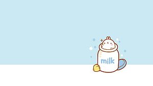 Cute Kawaii Rabbit Peeking Out of a Milk Bottle with Small Chick on Pastel Blue Background HD wallpaper