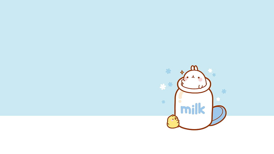 Cute Kawaii Rabbit Peeking Out of a Milk Bottle with Small Chick on Pastel Blue Background HD wallpaper