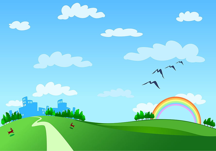 Colorful Cartoon Landscape With Rainbow, Green Hills, City Skyline, And Flying Birds HD wallpaper