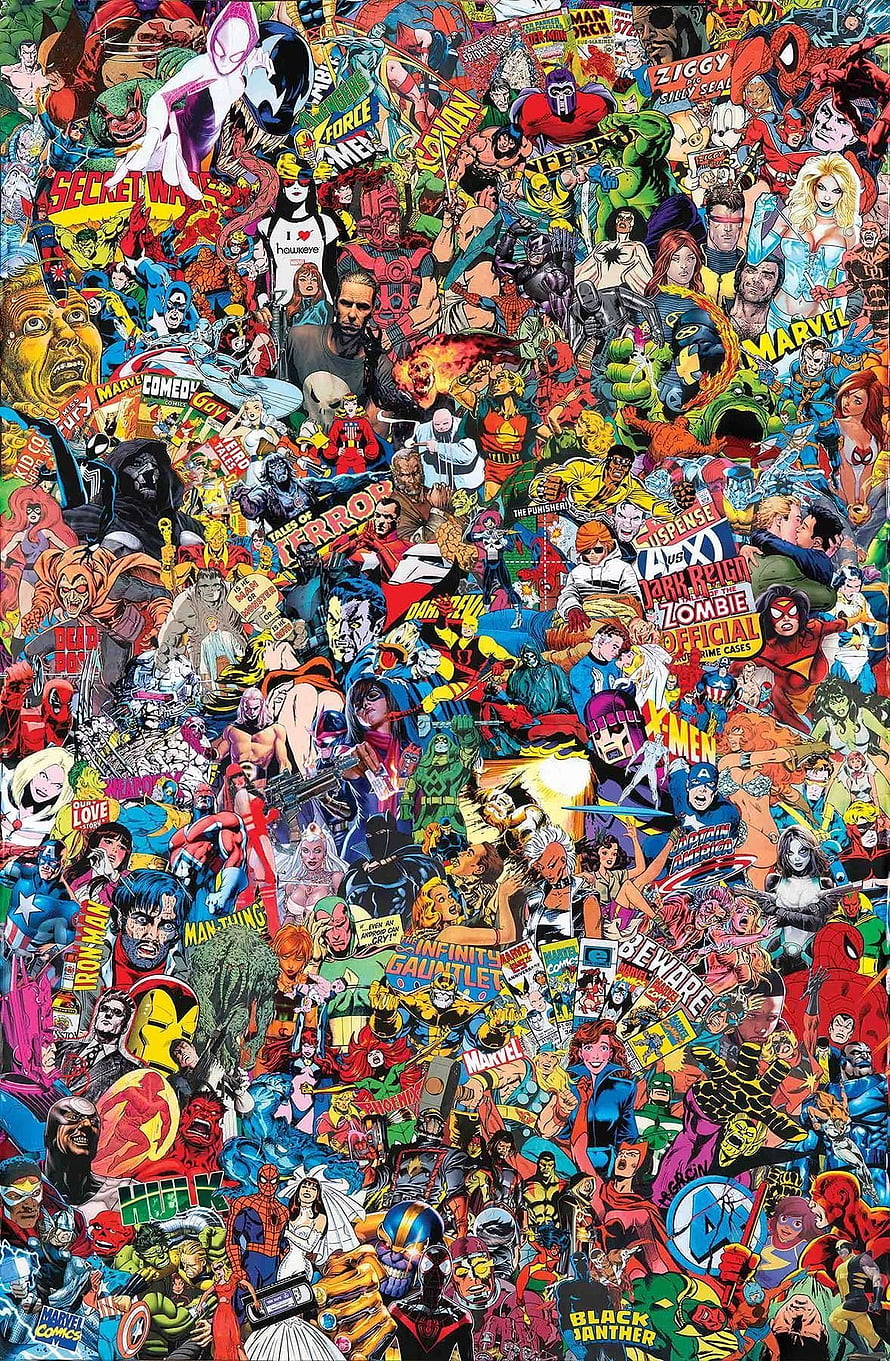 Dense Marvel Comics Character Collage Featuring Spider-Man, Iron Man, and Captain America HD phone wallpaper