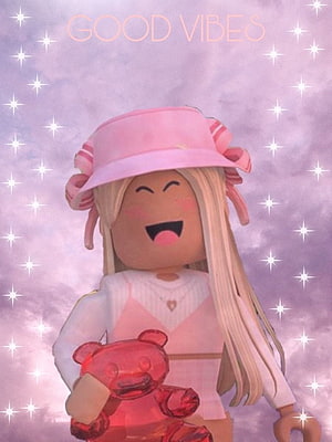 Cute Roblox Avatar Girl in Pink Bucket Hat Holding Red Teddy Bear HD phone wallpaper