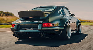 Rear View of a Dark Green Singer Porsche 911 Turbo on a Race Track HD wallpaper