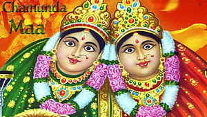 Chamunda Maa Hindu Goddess Artwork with Traditional Jewelry and Floral Garlands HD wallpaper