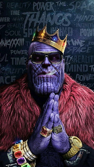 Thanos in a Gold Crown and Fur Coat with Infinity Stones and Sunglasses HD phone wallpaper