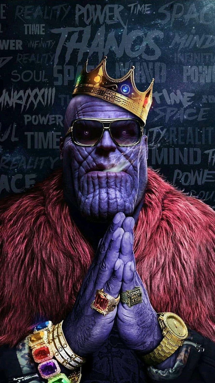 Thanos in a Gold Crown and Fur Coat with Infinity Stones and Sunglasses HD phone wallpaper