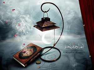 Ramadan Kareem Greeting with Quran, Lantern, Crescent Moon, and Rose Petals HD wallpaper