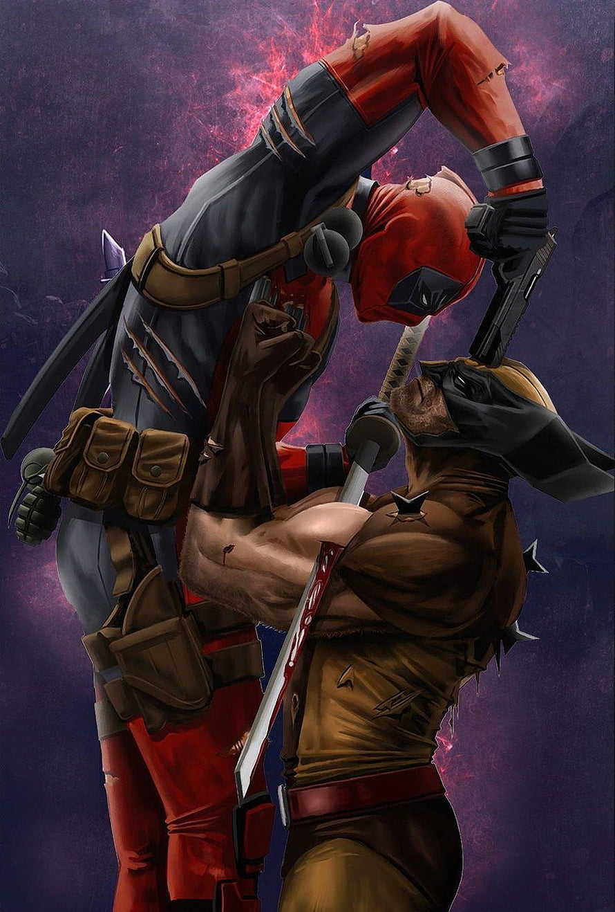 Deadpool and Wolverine fighting with swords and guns in a dynamic comic book style illustration HD phone wallpaper