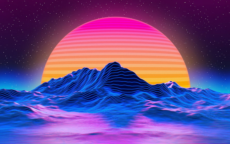 Retro Synthwave Sunset Over Neon Wireframe Mountains and Digital Waves HD wallpaper
