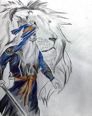 Baba Deep Singh Ji Hand Drawing with Lion Symbolism in Blue Turban and Sword HD phone wallpaper