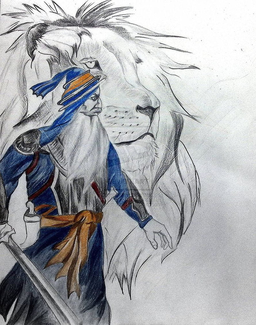 Baba Deep Singh Ji Hand Drawing with Lion Symbolism in Blue Turban and Sword HD phone wallpaper