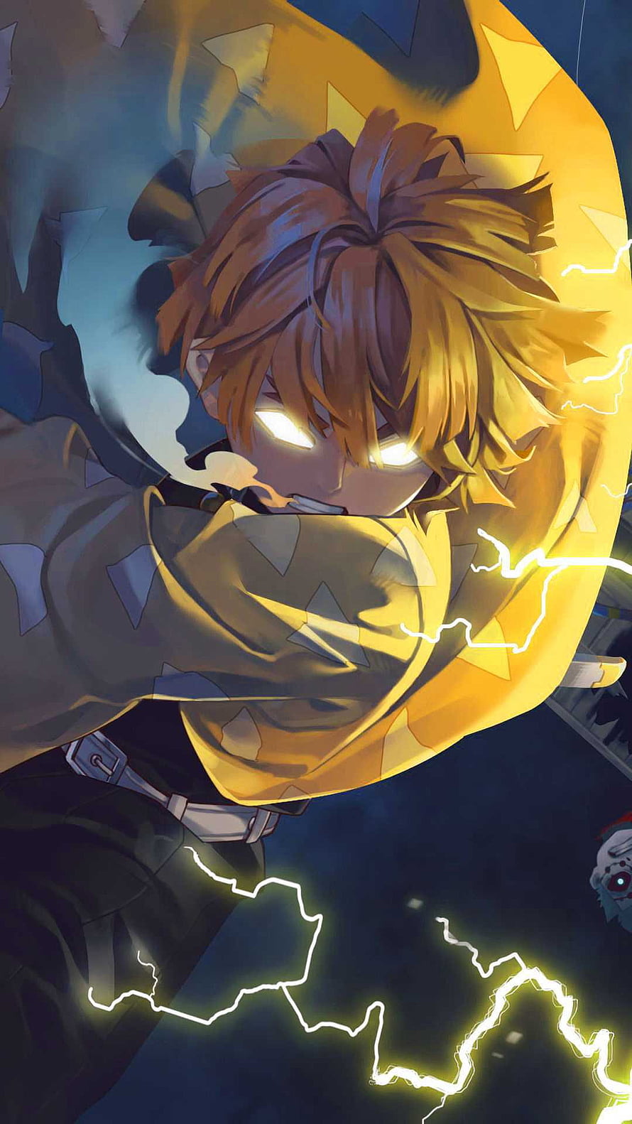 Zenitsu Agatsuma unleashing thunderclap lightning in dynamic anime action pose HD phone wallpaper