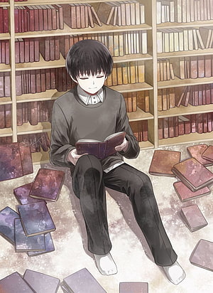Anime Boy Reading a Book in a Library Surrounded by Stacks of Volumes HD phone wallpaper