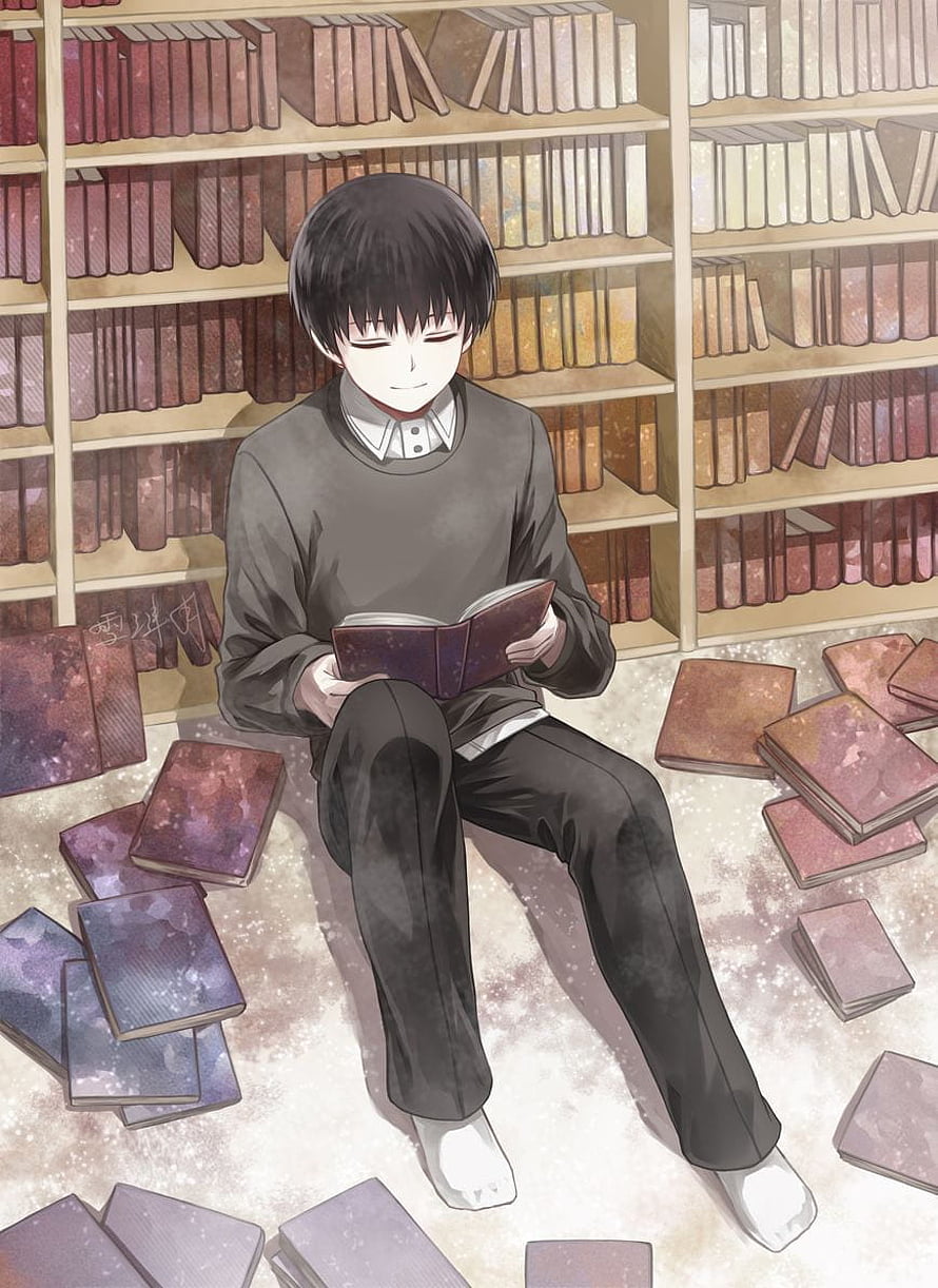 Anime Boy Reading a Book in a Library Surrounded by Stacks of Volumes HD phone wallpaper