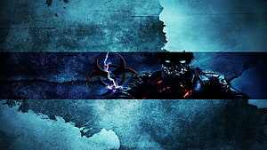 Dark Biohazard Symbol With Lightning And Zombie Figure On Textured Blue Background HD wallpaper