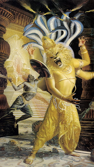 Lord Narasimha Divine Avatar Painting with Serpent Crown and Golden Dhoti HD phone wallpaper