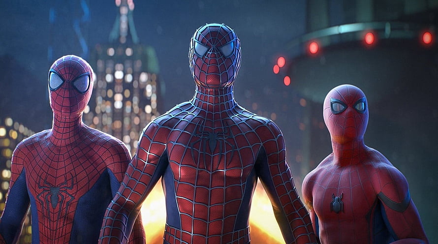 Three Spider-Man Variants Standing Together in a Nighttime Cityscape, spiderman no way home pc, #Spider HD wallpaper