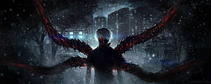 Ken Kaneki Tokyo Ghoul Dark Fantasy Character with Red Wings in Snowy City HD wallpaper