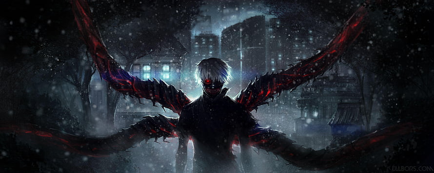 Ken Kaneki Tokyo Ghoul Dark Fantasy Character with Red Wings in Snowy City HD wallpaper