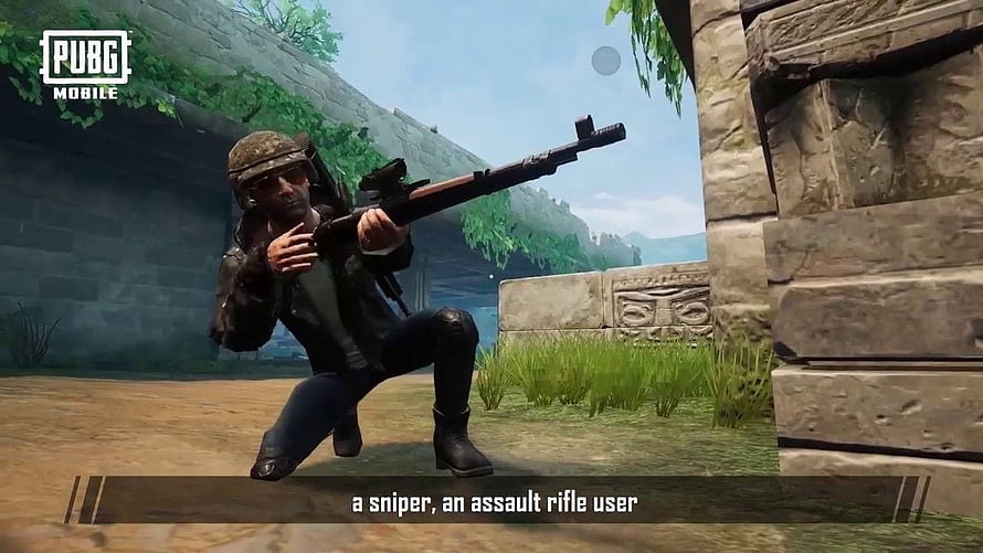 PUBG Mobile Soldier Aiming Sniper Rifle in Stone Ruins Gameplay Scene HD wallpaper