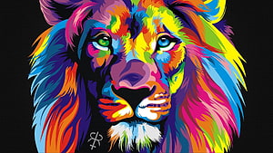 Vibrant Multicolored Lion Portrait with Psychedelic Rainbow Mane on Black Background HD wallpaper