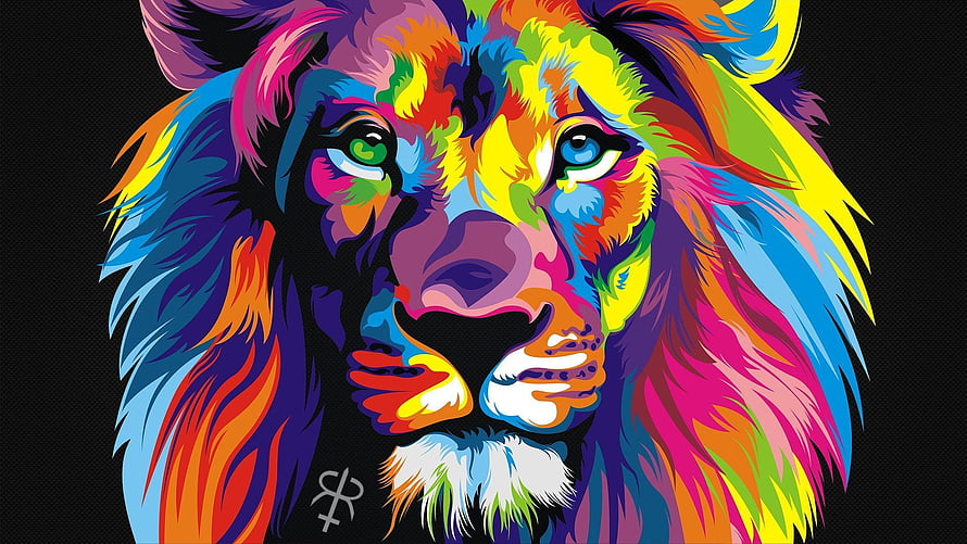 Vibrant Multicolored Lion Portrait with Psychedelic Rainbow Mane on Black Background HD wallpaper
