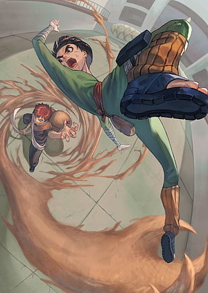 Rock Lee and Gaara in Dynamic Anime Combat Scene with Sand Effects HD phone wallpaper