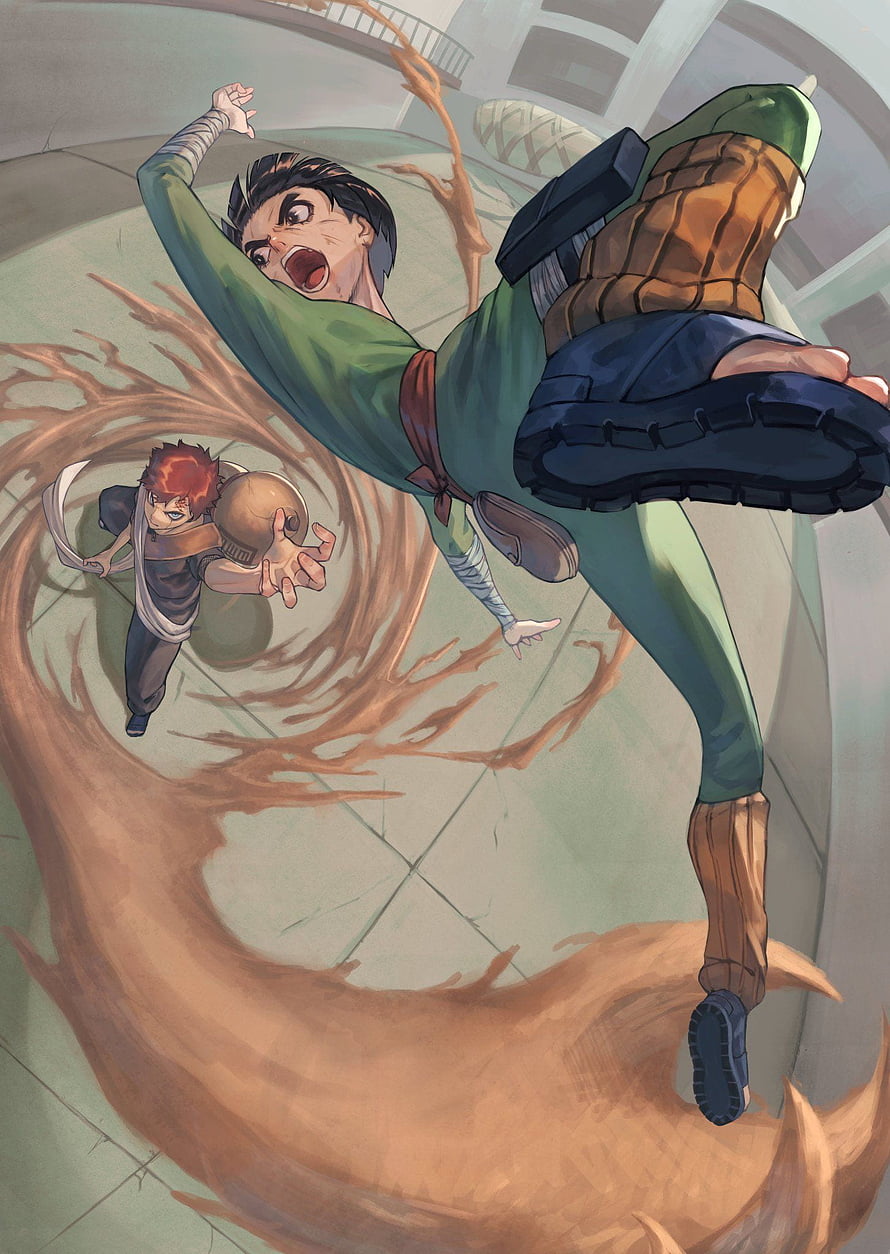Rock Lee and Gaara in Dynamic Anime Combat Scene with Sand Effects HD phone wallpaper