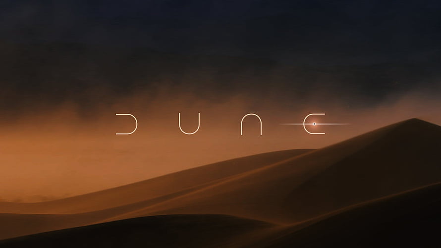 Dune 2021 Desert Dunes at Dusk with Minimalist Logo and Warm Orange Sky HD wallpaper