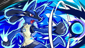 Lucario Dynamic Action Artwork with Blue Energy Aura and Fighting Pose HD wallpaper