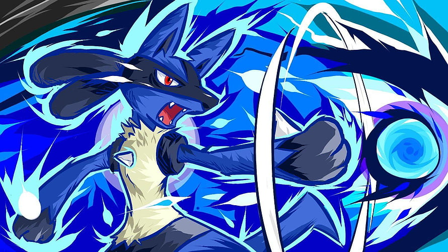 Lucario Dynamic Action Artwork with Blue Energy Aura and Fighting Pose HD wallpaper