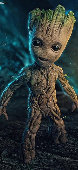 Baby Groot from Guardians of the Galaxy standing in a mystical forest setting HD phone wallpaper