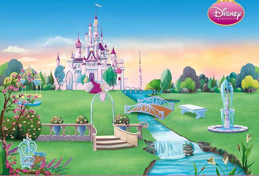 Disney Princess Castle Garden Scene with Fountain and Stream HD wallpaper