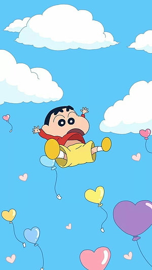 Shinchan Floating in a Blue Sky with Colorful Heart Balloons and Fluffy Clouds HD phone wallpaper