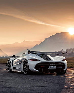 Koenigsegg Jesko Super Car Rear View on Sunset Road with Mountain Backdrop HD phone wallpaper