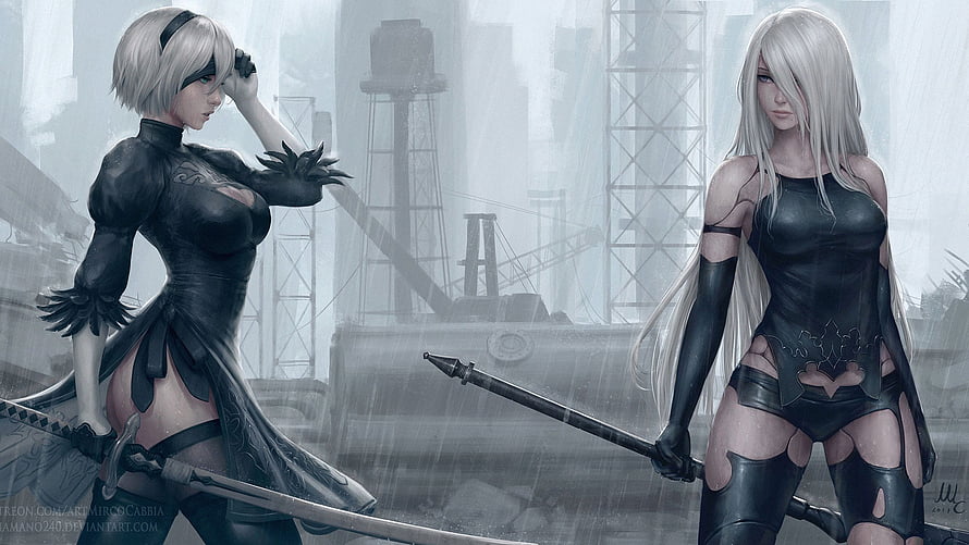 2B and A2 from NieR Automata in black combat gear with swords in a rainy industrial cityscape HD wallpaper