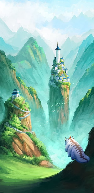 Avatar The Last Airbender: Serene Mountain Temple and Spirit Beast in Misty Valley HD phone wallpaper