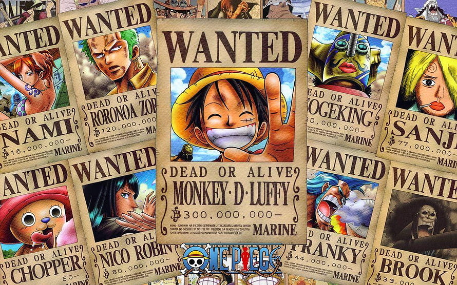 One Piece Straw Hat Crew Wanted Posters Featuring Monkey D. Luffy and Crewmates HD wallpaper