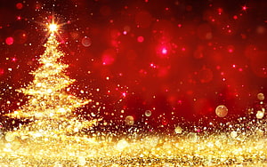 Golden Glitter Christmas Tree on Red Background with Sparkles and Bokeh Lights HD wallpaper
