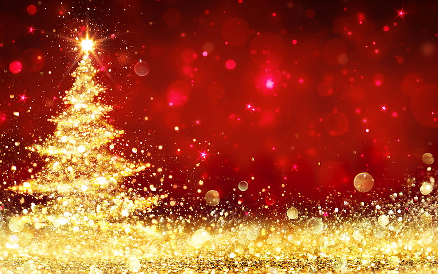 Golden Glitter Christmas Tree on Red Background with Sparkles and Bokeh Lights HD wallpaper