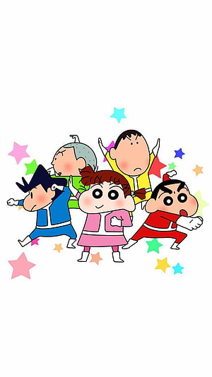 Crayon Shin-chan Gang of Five Anime Characters Dancing with Colorful Stars HD phone wallpaper