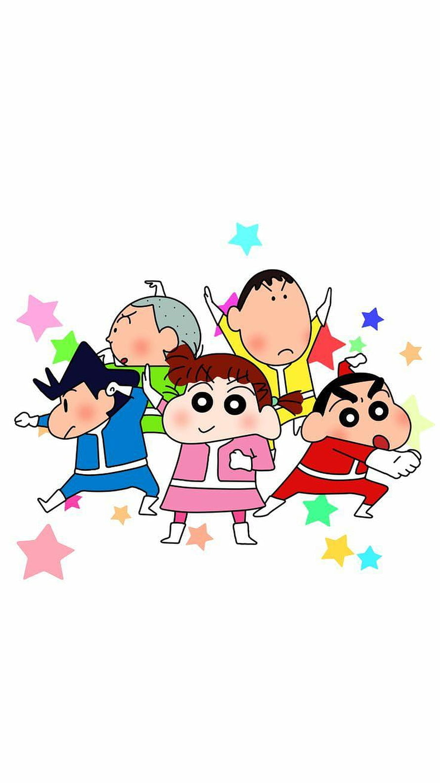 Crayon Shin-chan Gang of Five Anime Characters Dancing with Colorful Stars HD phone wallpaper