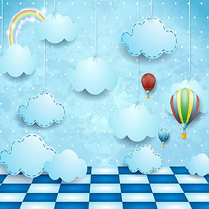 Whimsical Blue Sky Background With Hanging Clouds, Hot Air Balloons, Rainbow, and Checkered Floor HD phone wallpaper